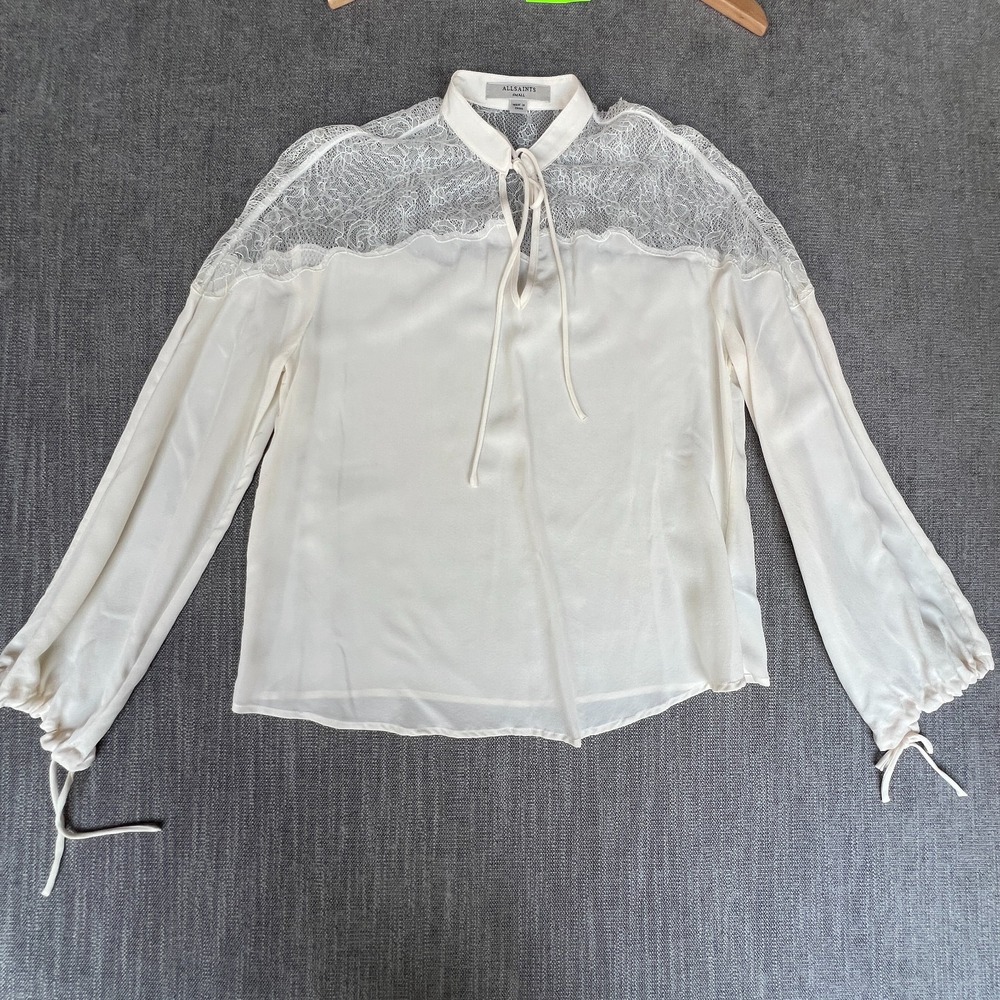 ALLSAINTS Laya Lace Yoke Shirt Top Womens Small White Silk Long Sleeve Tie Neck